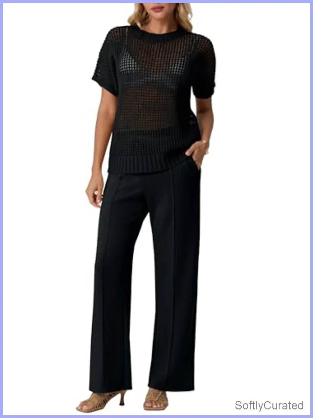 Crochet Sheer Knit Sweater Top & Wide Leg Pants Lounge Travel 2 Piece Set